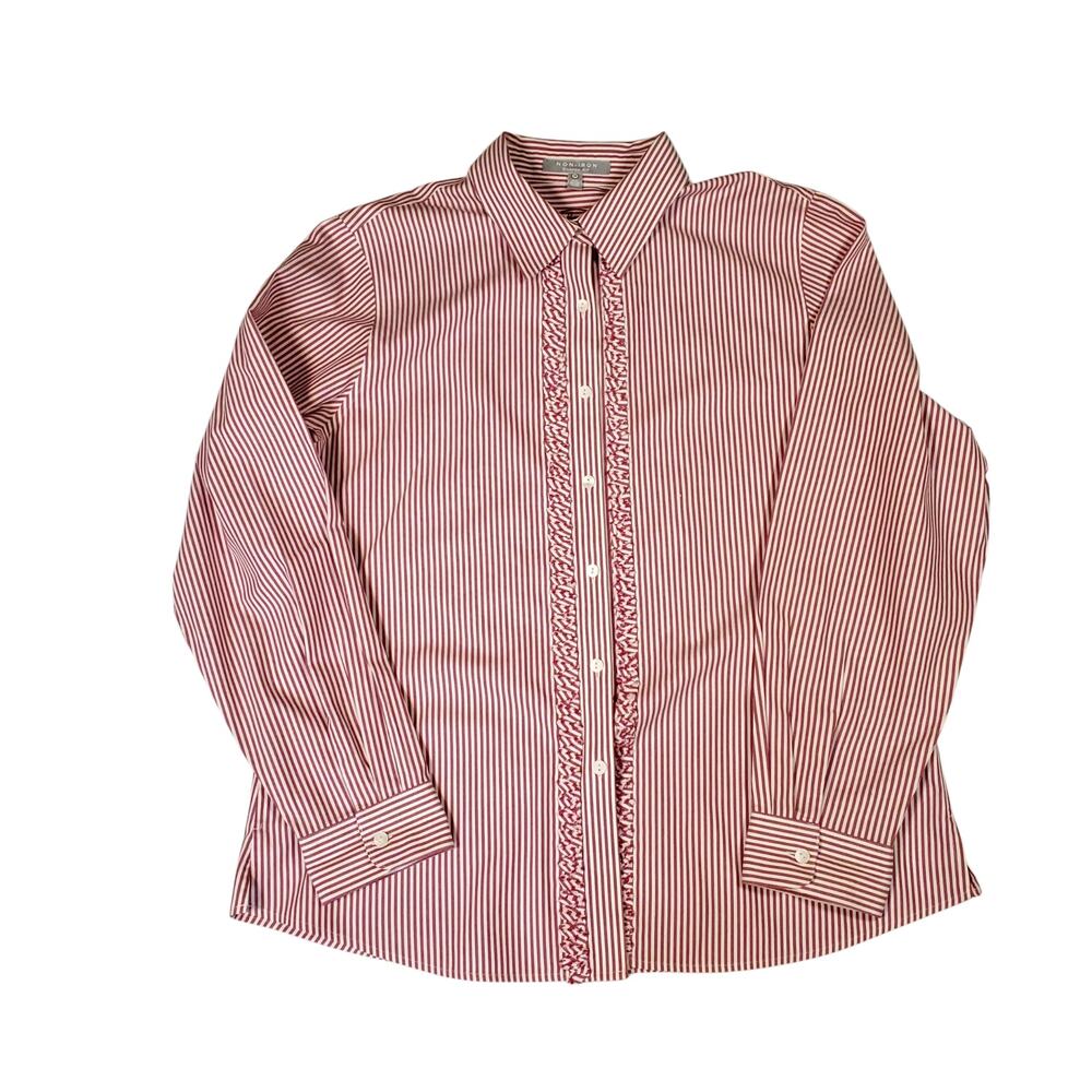 Foxcroft No Iron Shaped Fit Button Down Cottage Romantic Ruffle Pink Stripe 14